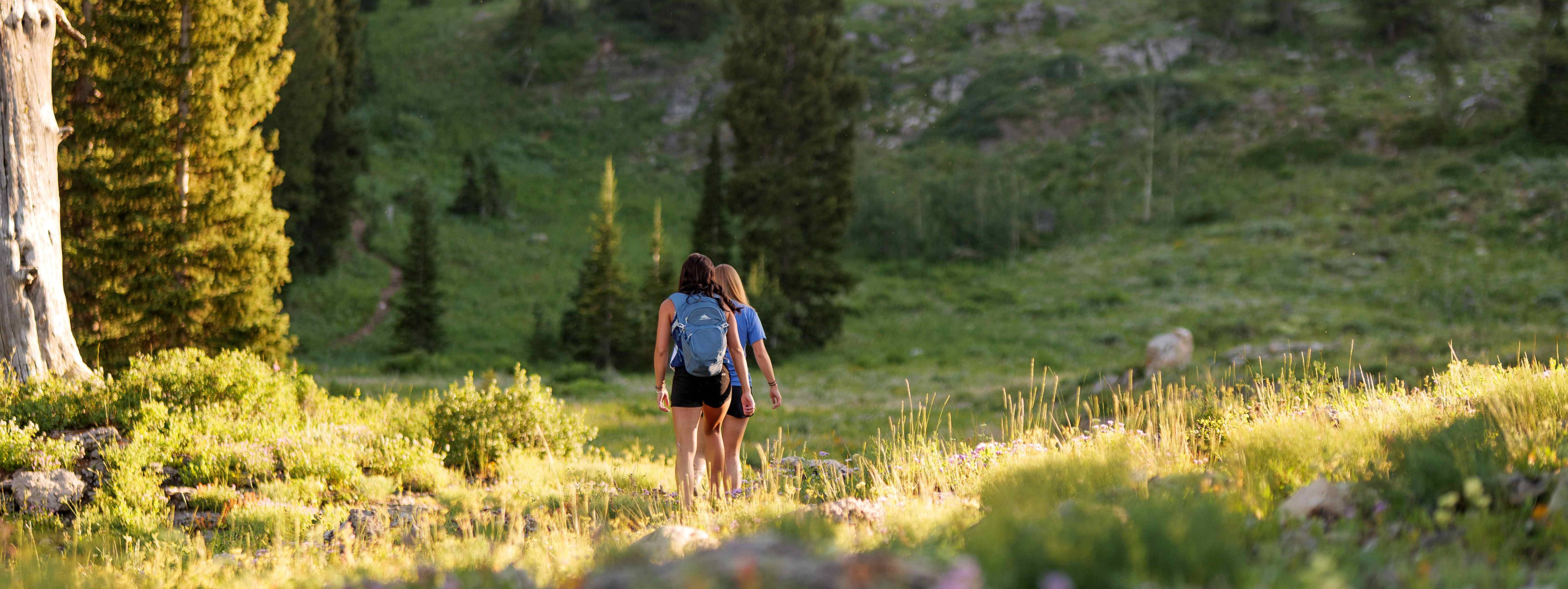 Two woman hiking in an alpine field