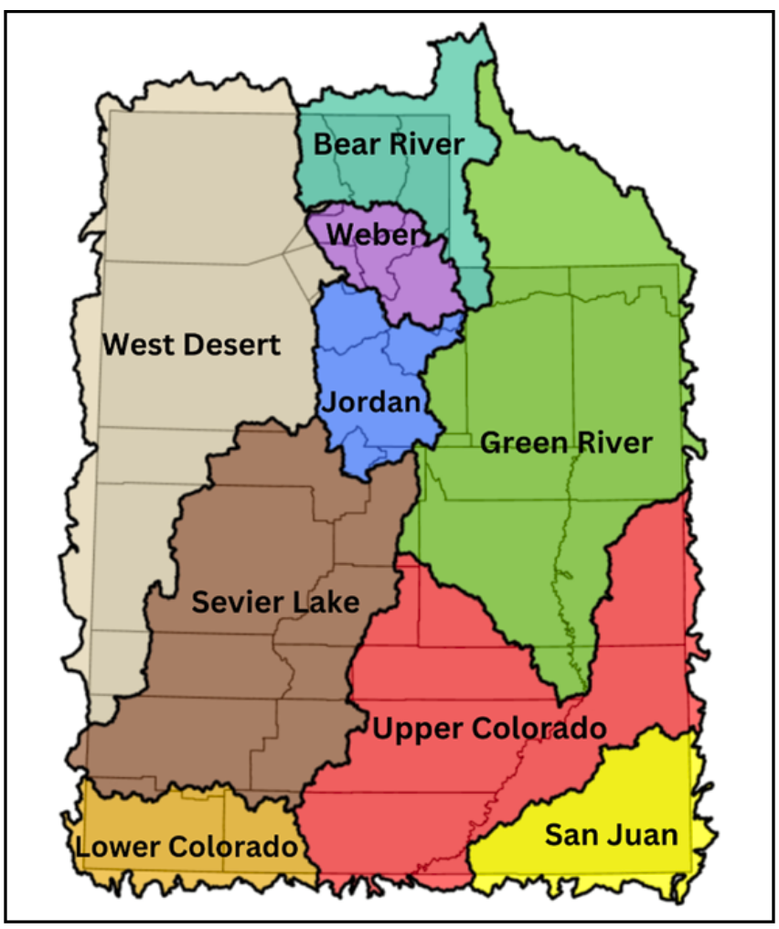 Map of watershed basins in Utah in various colors
