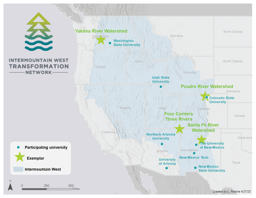 Map of intermountain west with institutions from the Transformation Network highlighted