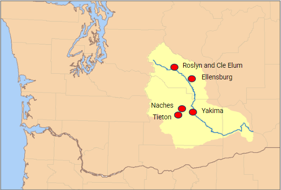 Map outlining the Yakima River Basin in Washington State, USA. 