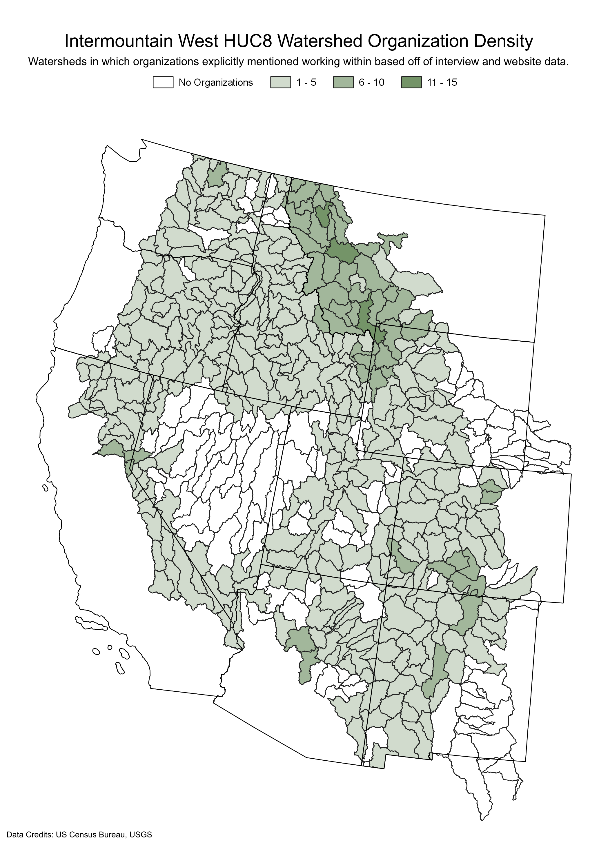 Map of the intermountain west showing HUC8's with organization density. Legend categories are: No Organizations, 1-5, 6-10, 11-15. 