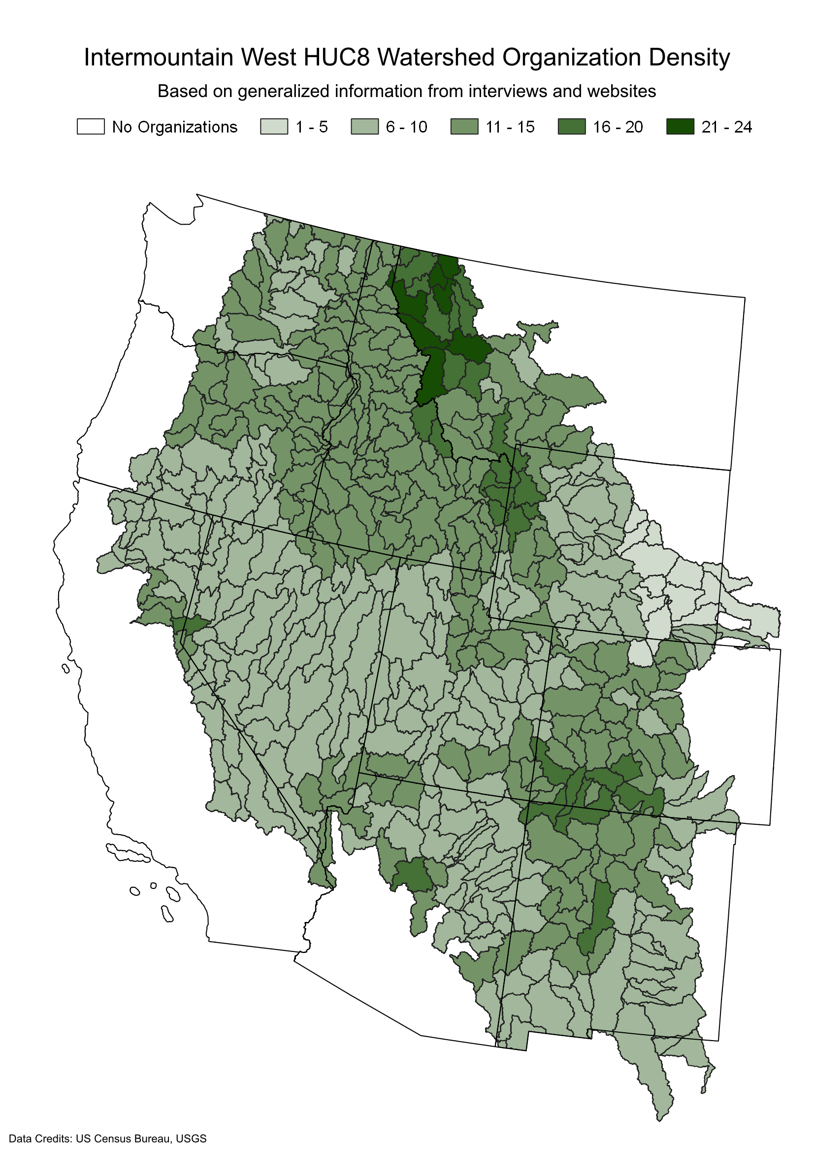 Map showing HUC8 density of watershed organizations working within them. Legend categories are as follows: no organizations, 1-5, 6-10, 11-15, 16-20 and 21-24. 