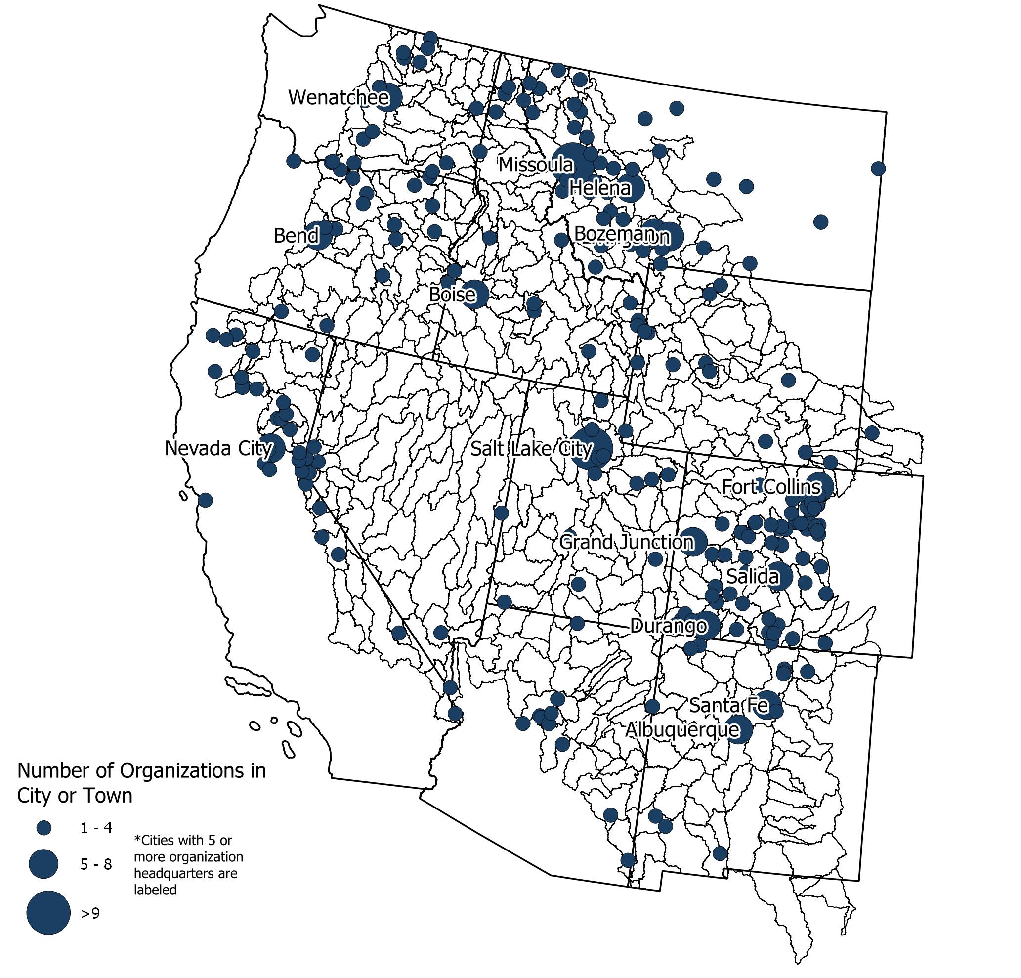 map of river or watershed related organization's headquarters in the intermountain west. Map includes outline of intermountain west states, outline of HUC8 watersheds, and blue circles of varying sizes (sizes signify density of the number of organizations). Cities with 5 or more organizations are labeled on the map, these cities being: Wenatchee, WA; Bend, OR; Nevada City, CA; Boise, ID; Missoula, MT; Helena, MT; Bozeman, MT; Livingston, MT; Salt Lake City, UT; Fort Collins, CO; Grand Junction, CO; Salida, CO; Durango, CO; Santa Fe, NM; Albuquerque, NM;  